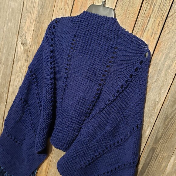 NEW Navy Blue Mix Stitch Hand Knit Knitted Shawl Wrap Scarf Eyelet Topper - Picture 8 of 9